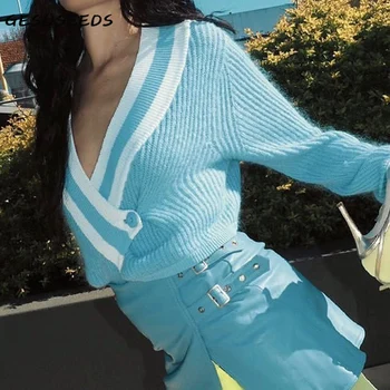 Pleteno jopico ženske letnik pulover v vratu mozaik pulover prugasta korejski rastlinske modro jopico zaviti pulover čipke vrh padec