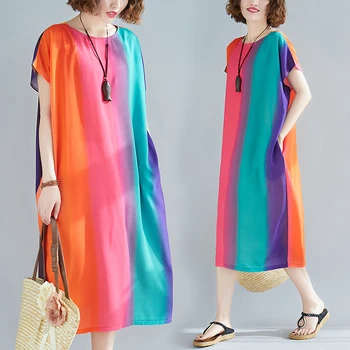 Poletje Oversize Ženske obleke Sundress Tiskanja Rainbow Beach Slog Lady Vestidos Priložnostne Svoboden Plus Velikost Batwing Oblačila 2020 LP511