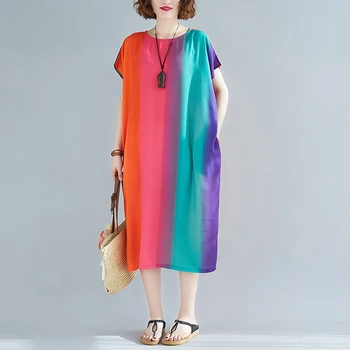 Poletje Oversize Ženske obleke Sundress Tiskanja Rainbow Beach Slog Lady Vestidos Priložnostne Svoboden Plus Velikost Batwing Oblačila 2020 LP511