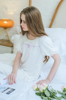 Poletje ženske nightgown bombaža, kratek puff rokav čipke kratek rokav dolžina krilo mlado dekle, belo sleepwear