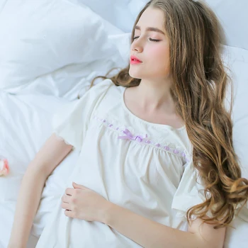 Poletje ženske nightgown bombaža, kratek puff rokav čipke kratek rokav dolžina krilo mlado dekle, belo sleepwear