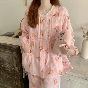 Pomlad ženske breskev pižamo nastavite dolgo mehko bombažno gazo tiskanja pjs določa sladko tanek slim čipke v vratu doma oblačila sleepwear L176