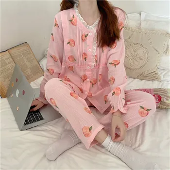 Pomlad ženske breskev pižamo nastavite dolgo mehko bombažno gazo tiskanja pjs določa sladko tanek slim čipke v vratu doma oblačila sleepwear L176