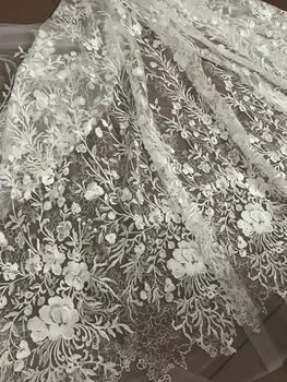 Poročna obleka tkanine, čipke ZH18112214 Beli Cvetovi Afriške Kabel Čipke Tkanine 5 metrov Nigerijski Čipke Tkanine z bleščicami
