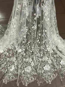 Poročna obleka tkanine, čipke ZH18112214 Beli Cvetovi Afriške Kabel Čipke Tkanine 5 metrov Nigerijski Čipke Tkanine z bleščicami