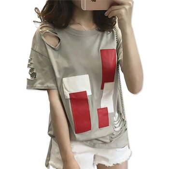 Priložnostne Harajuku T-shirt Poletje Novo Ohlapno Luknjo Osebnost Geometrijski Vzorec Tshirt Moda Ulične ženska Oblačila Tide