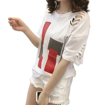 Priložnostne Harajuku T-shirt Poletje Novo Ohlapno Luknjo Osebnost Geometrijski Vzorec Tshirt Moda Ulične ženska Oblačila Tide