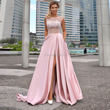 Princesa Dolgo Split Strani Večerne Obleke Za Dubaj Arabski 2020 Haljo De Soiree Beading Cvet Prom Oblačenja Saten Stranka Obleke Kaftans