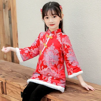 Rdeča Cheongsam Starost Za 4 - 14 Let Najstnice 2021 Kitajskega Novega Leta Qipao Jeseni, Pozimi Debel Toplo Vintage Obleko Otroci Frocks