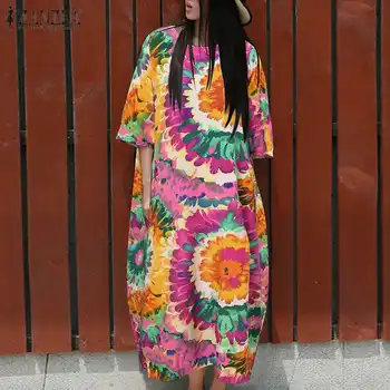 Retro Cvetlični Maxi Obleko ZANZEA 2021 Žensk Jeseni Sundress Priložnostne Pol Rokav Vestidos O Ženski Vratu Haljo Femme Prevelik 5XL