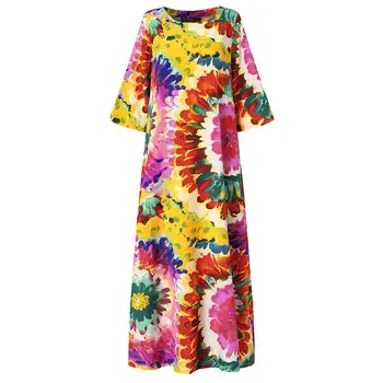 Retro Cvetlični Maxi Obleko ZANZEA 2021 Žensk Jeseni Sundress Priložnostne Pol Rokav Vestidos O Ženski Vratu Haljo Femme Prevelik 5XL