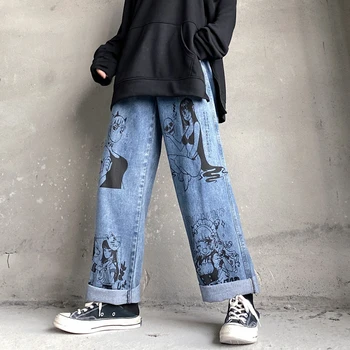 Retro Japonski Harajuku dvodimenzionalne Risanke Grafiti Naravnost Kavbojke Svoboden Divje Široko noge Jeans Hlače, Moške in Ženske Trend