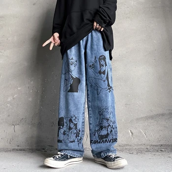 Retro Japonski Harajuku dvodimenzionalne Risanke Grafiti Naravnost Kavbojke Svoboden Divje Široko noge Jeans Hlače, Moške in Ženske Trend