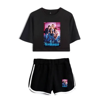 Riverdale Pop ženska Moda in Ženske Visoke Kakovosti Dva-Delni Set Riverdale Kratkimi Rokavi Svetlo Siva Golih Popka T-Shirt + Črne Hlače