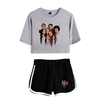 Riverdale Pop ženska Moda in Ženske Visoke Kakovosti Dva-Delni Set Riverdale Kratkimi Rokavi Svetlo Siva Golih Popka T-Shirt + Črne Hlače