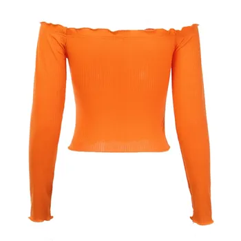 S-L Velikost Casual Sexy Slim Barva Gumb Dekoracijo Odrezana Vrhovi Moda Roman Off Ramo Ženske T-Shirt Črna Oranžna