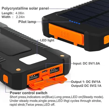 S solarnimi Moči Banke Nepremočljiva 2000 mAh Polnilnik USB, Dvojna Vrata, Zunanje Pametni telefon Z LED Luči Baterija Power Bank