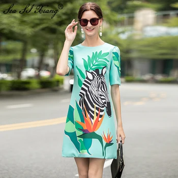 SEASIXIANG Modni Oblikovalec Pomlad Obleko Žensk O-Vratu Zebra Print Kratek rokav Slim Mini Obleke
