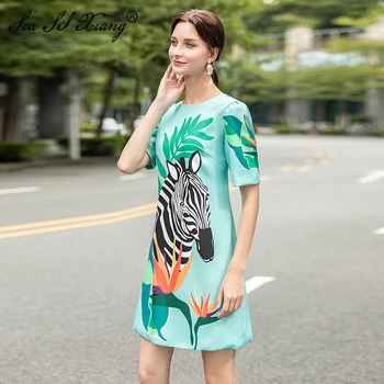 SEASIXIANG Modni Oblikovalec Pomlad Obleko Žensk O-Vratu Zebra Print Kratek rokav Slim Mini Obleke