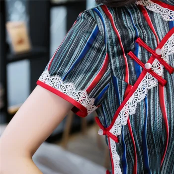 Shanghai Zgodba Umetno Svilo Kratek Rokav Kitajska Tradicionalna Oblačila Navpične Črte Cheongsam Dolgo Qipao 2 Barva