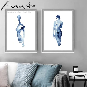 Sodobna akvarel slika modra Nordijska minimalistično dekoracijo plakatov in fotografij platno umetnosti stenske slike za dnevno sobo