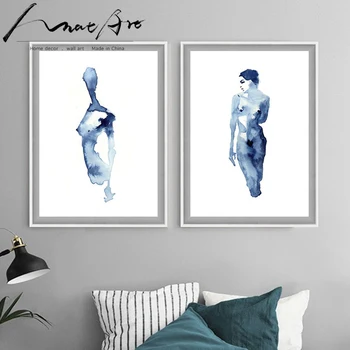 Sodobna akvarel slika modra Nordijska minimalistično dekoracijo plakatov in fotografij platno umetnosti stenske slike za dnevno sobo