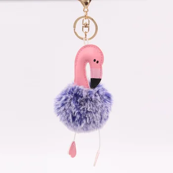 Srčkan pompom keychain flamingo ključnih verige puhasto ponaredek zajec krzno žogo žensk avto vrečko pompon key ring pom pom držalo za nakit