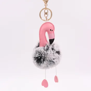 Srčkan pompom keychain flamingo ključnih verige puhasto ponaredek zajec krzno žogo žensk avto vrečko pompon key ring pom pom držalo za nakit