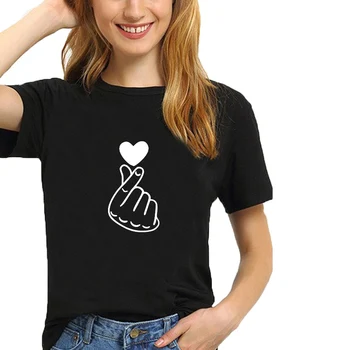 Srčkan Prst Srce Graphic Tee Shirt Femme Poletje Kratek Rokav O-neck Majica s kratkimi rokavi Ženske Črna Bela Siva Dame Vrhovi