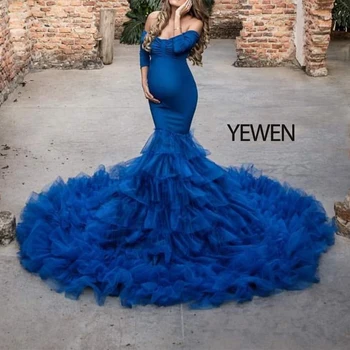 Streck tkanine z tila Kraljevsko Modra Off Ramenski morska deklica Porodniškega Obleke Za photoshoot Prom Oblačenja