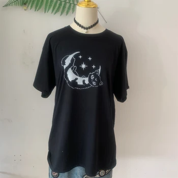 Sunfiz YF 2020 prišlekov Smešno Mačka Objem Luna Majica s kratkimi rokavi Ženske Srčkan Punk Mačke Natisnjeni T-Shirt Priložnostne Ulične Vrhovi
