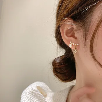 TIMEONLY korejski Elegantno Simulirani Pearl Polno Nosorogovo Uhani Kvadratnih Kristalno Geometrijske Bling Spusti Uhani Darila za Ženske