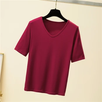 Tonglord 2020 Nove Ženske Majice Poletje tanka linija Proti-Vrat Kratek Sleeve Solid Vrhovi Urad Dama Elastična Harajuku Tshirts 8 Barve
