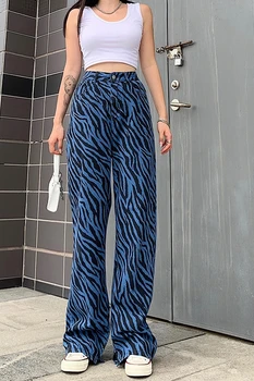 Ulica Osebnost Zebra-print Hlače Modre Visoko Pasu Odprite Režejo Ravne dolge hlače Letnik Casualwide Noge Hlače za Ženske