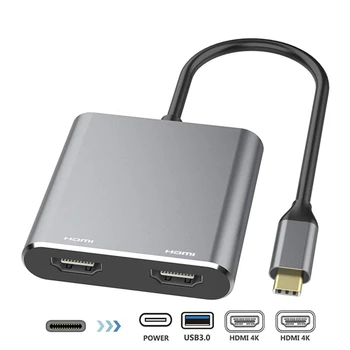 USB C Dvojni HDMI Adapter 4K 4 v 1 Tip C Dvojni HDMI Vrata USB 3.0 za MAC OS Windows, Android, Linux USB Naprave C