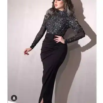 Večerne Obleke 2020 morska deklica Za Ženske Turčija Dubaj Black Beading Formalno stranko dolg rokav Noč Maturantski Halje Plus Velikost