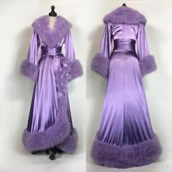 Vijolična Kopalni Plašč Večerne Obleke Perja Elastična Svile Nightgown Pižamo Sleepwear Perilo, Ženske Priložnostih Halje Housecoat Šal
