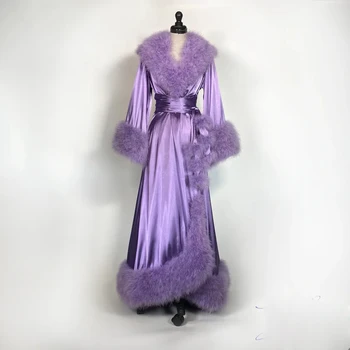 Vijolična Kopalni Plašč Večerne Obleke Perja Elastična Svile Nightgown Pižamo Sleepwear Perilo, Ženske Priložnostih Halje Housecoat Šal
