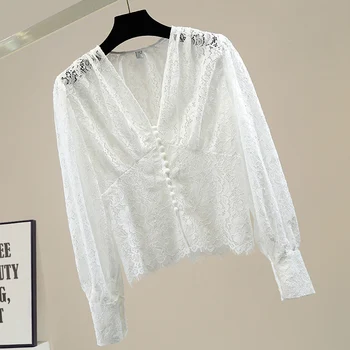 Vintage Enotni-Zapenjanje Proti-vrat Čipke Bluzo za Ženske Kvačkanih Izrezanka Vidika Dolg Rokav Lace Majica Lady Vse ujemajo z Vrhovi