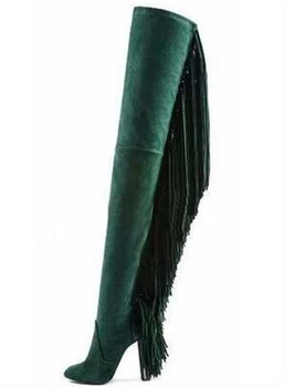 Vroče Antilop Tassel Stegen Ženske Nad Kolena Čevlji Seksi Bonitete Nazaj Dame Močen Pete Škornji Točke Toe Ženski Vitez Čevlji