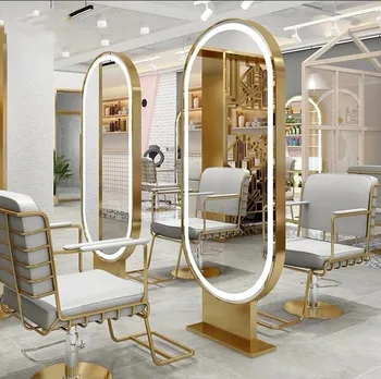 Vroče prodaja najnovejše zlato iz nerjavečega jekla ogledalo styling postaja z LED luči salon styling stol