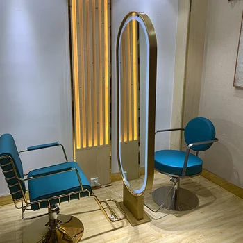 Vroče prodaja najnovejše zlato iz nerjavečega jekla ogledalo styling postaja z LED luči salon styling stol