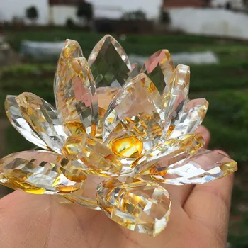 Vroče Prodaje 100mm k9 Kristalno Rumena lotus flower Obrti Stekleni obtežilnik za papir Fengshui Okraski Figurice za Poročno dekoracijo doma