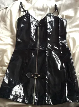 Vroče Prodajo Plus Velikost Ženske Gotike Black Seksi Mini Bodycon Usnje Obleka Z Sprednji Zip PVC Catsuit Noč Culb Ples Obrabe Seksi