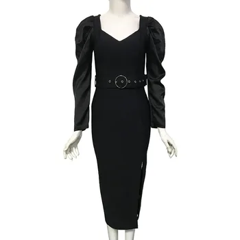 Vroče Prodajo Črni Pas Dekoracijo Večerja Obleko Večer Dolg Rokav Povoj Obleko Z Visokim Strani Špranjske