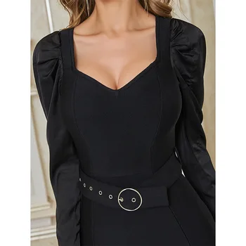 Vroče Prodajo Črni Pas Dekoracijo Večerja Obleko Večer Dolg Rokav Povoj Obleko Z Visokim Strani Špranjske