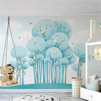 Wellyu ozadje po Meri de papel parede Modra srčkan risanka forest zajec ptica otroški sobi ozadju stensko slikarstvo