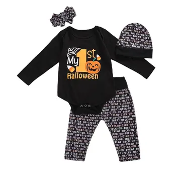Za malčke Baby Fantje Halloween 4Pcs Obleko Oblačila Halloween Elementi Tiskanih Dolgimi Rokavi Jumpsuit + Črka Hlače + Glavo + Klobuk