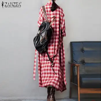 ZANZEA River Kariran Outwear Ženske Dolge Rokave Jopico Priložnostne pasu Pasu Tunika Žensk Pomlad Jesen Maxi Coats Prevelik 5XL