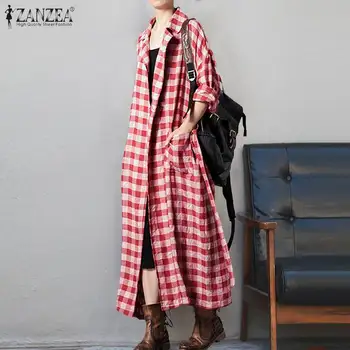 ZANZEA River Kariran Outwear Ženske Dolge Rokave Jopico Priložnostne pasu Pasu Tunika Žensk Pomlad Jesen Maxi Coats Prevelik 5XL
